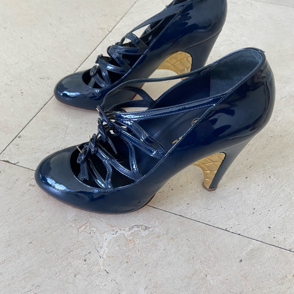 CHANEL Navy Heels with Gold Detail